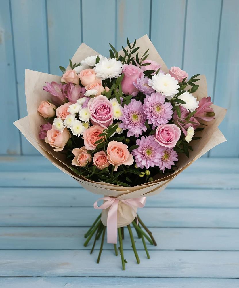 Букет цветов из: Хризантемы, Розы и Альстромерии в Орево